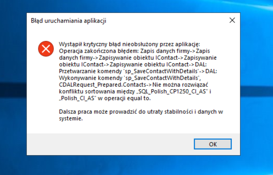 [ERP/Symfonia] Błąd zapisu obiektu kontrahenta Nie można rozwiązać konfliktu sortowania między