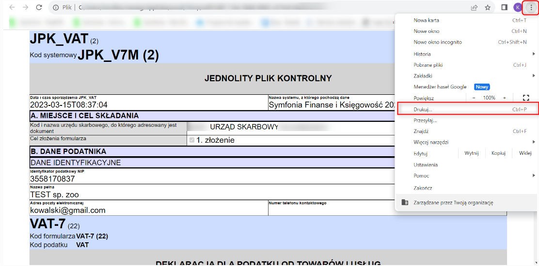 F50fkf Wydruk Deklaracji Vat Symfonia Centrum Pomocy 2777