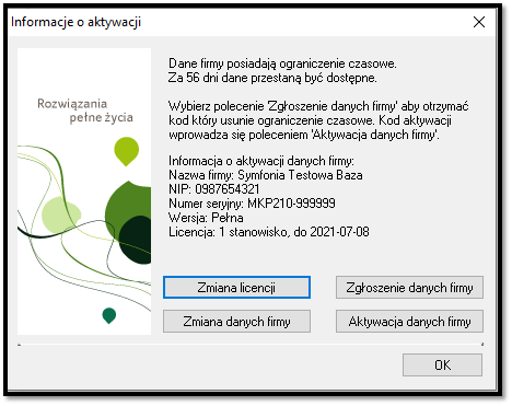 Okno Informacje o Aktywacji