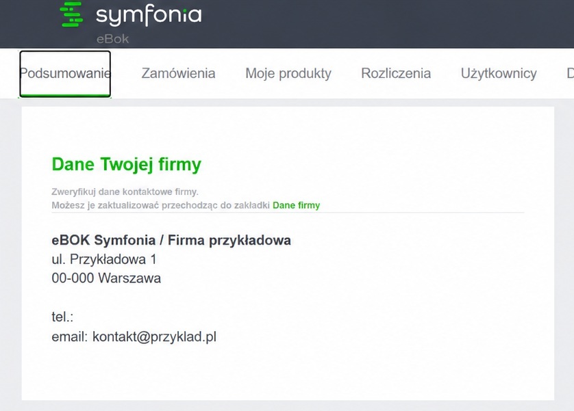 Sekcja Dane Twojej firmy w Symfonia eBOK