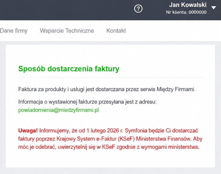 Sekcja Sposób dostarczenia faktury w Symfonia eBOK