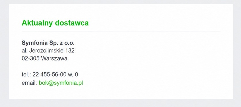 Sekcja Aktualny dostawca