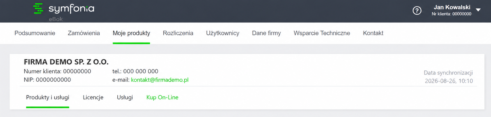 Zakładka Moje produkty w Symfonia eBOK