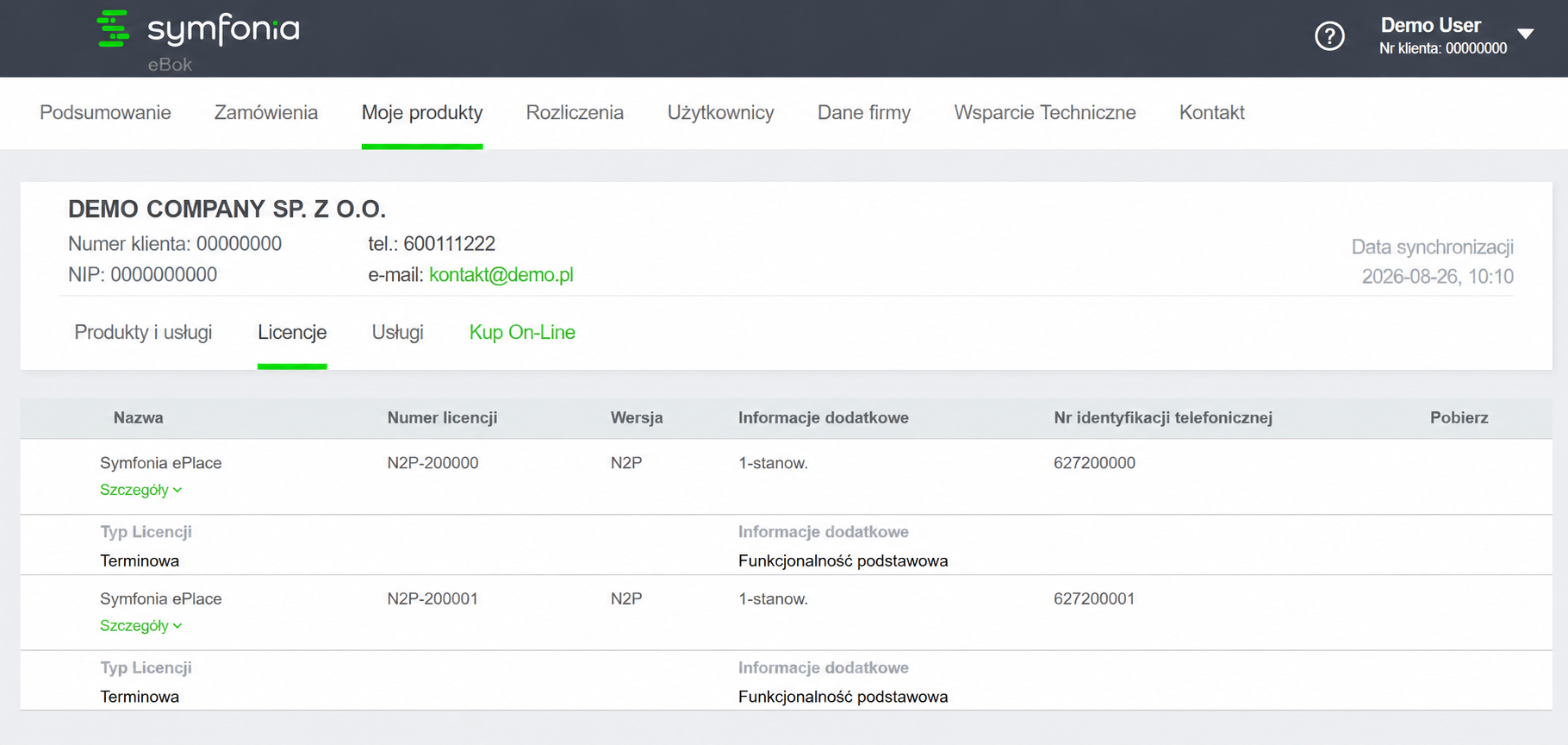 Widok zakładki Licencje w Symfonia eBOK
