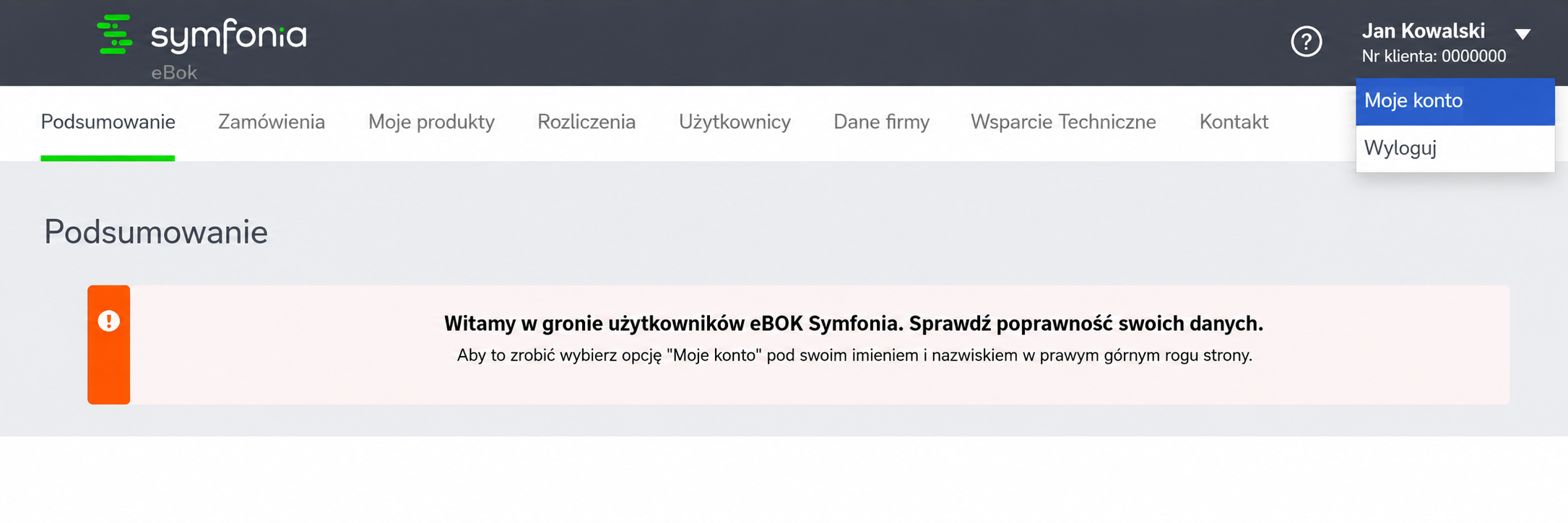 Widok menu użytkownika i opcji Moje konto w Symfonia eBOK