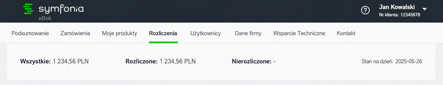 Podsumowanie wartości rozliczeń i data ostatniej synchronizacji