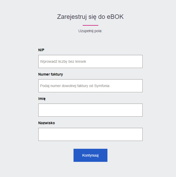 Formularz danych firmy podczas rejestracji w Symfonia eBOK