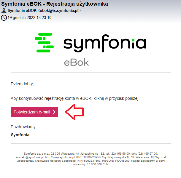 Potwierdzenie adresu e-mail podczas rejestracji w Symfonia eBOK